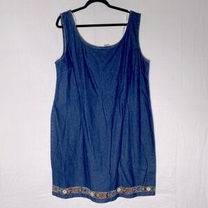 Vintage California Concepts Denim Scoop Neck Dress W Embroidered Stripe Hem 20